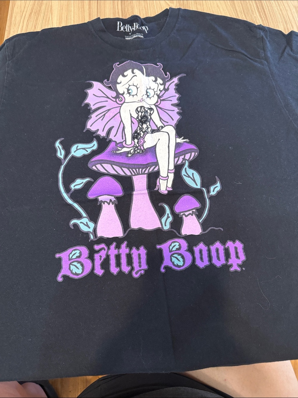 Betty Boop Black Tee with Purple & Pink Mushroom Graphic